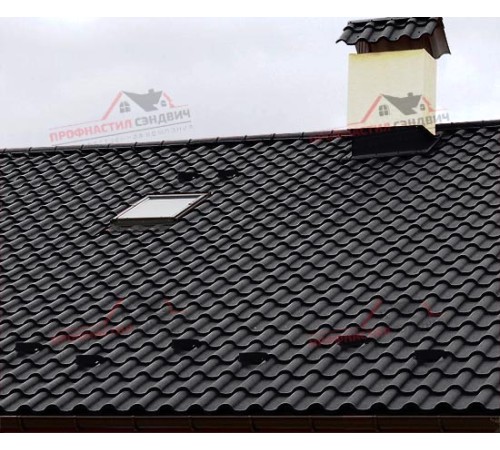 Металлочерепица Монтерроса-0.5, Высота ступеньки-25мм, Длина ступеньки-400мм, PURMAN RAL9005