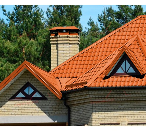 Металлочерепица Монтеррей-0.5, Высота ступеньки-14мм, Длина ступеньки-350мм, Полиэстер RAL2004