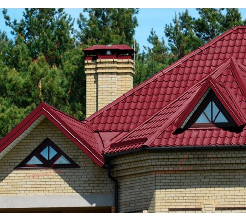 Металлочерепица Монтеррей-0.45, Высота ступеньки-14мм, Длина ступеньки-350мм, Полиэстер RAL3003