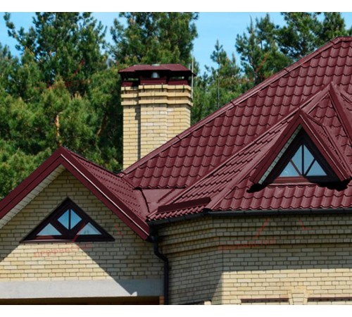 Металлочерепица Монтеррей-0.4, Высота ступеньки-14мм, Длина ступеньки-350мм, Полиэстер RAL3005