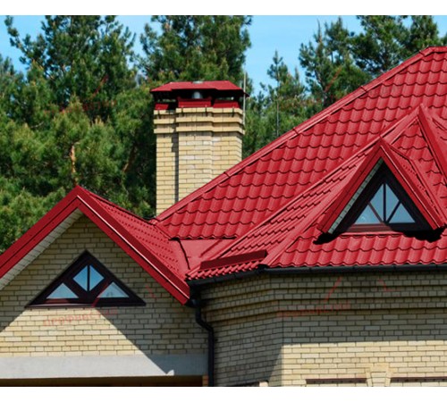 Металлочерепица Монтеррей-0.45, Высота ступеньки-14мм, Длина ступеньки-350мм, Полиэстер RAL3020