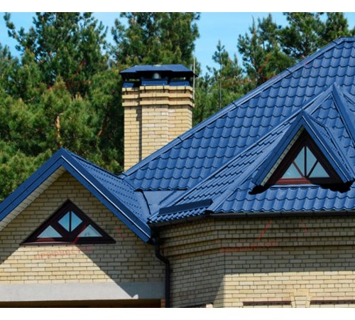 Металлочерепица Монтеррей-0.5, Высота ступеньки-14мм, Длина ступеньки-350мм, Полиэстер RAL5005