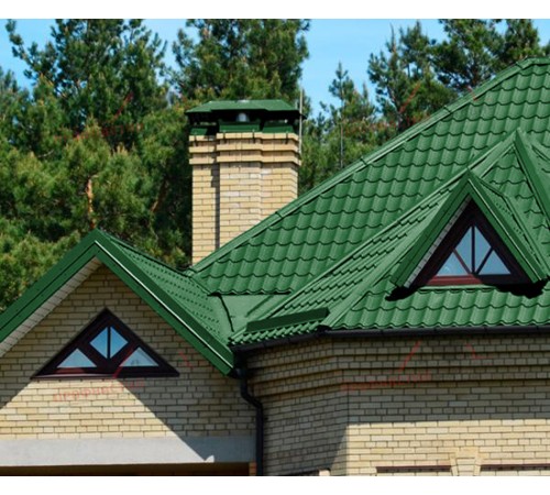 Металлочерепица Монтеррей-0.5, Высота ступеньки-14мм, Длина ступеньки-350мм, Полиэстер RAL6002