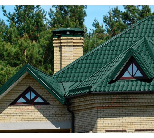 Металлочерепица Монтеррей-0.5, Высота ступеньки-14мм, Длина ступеньки-350мм, Призма RAL6005