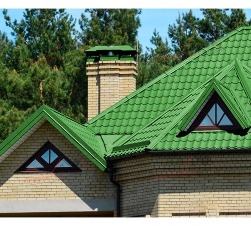 Металлочерепица Монтеррей-0.5, Высота ступеньки-14мм, Длина ступеньки-350мм, Полиэстер RAL6018