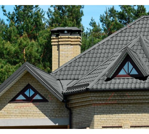 Металлочерепица Монтеррей-0.45, Высота ступеньки-14мм, Длина ступеньки-350мм, Полиэстер RAL7005