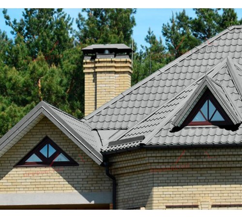 Металлочерепица Монтеррей-0.5, Высота ступеньки-14мм, Длина ступеньки-350мм, Призма RAL9006