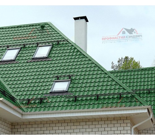 Металлочерепица Супермонтеррей-0.45, Высота ступеньки-21мм, Длина ступеньки-350мм, Полиэстер RAL6002