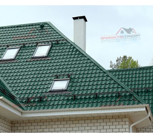 Металлочерепица Супермонтеррей-0.45, Высота ступеньки-21мм, Длина ступеньки-350мм, Полиэстер RAL6005