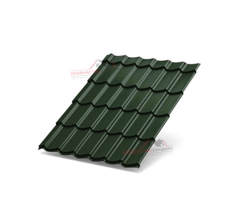 Металлочерепица Супермонтеррей-0.5, Высота ступеньки-21мм, Длина ступеньки-350мм, Viking E RAL6007