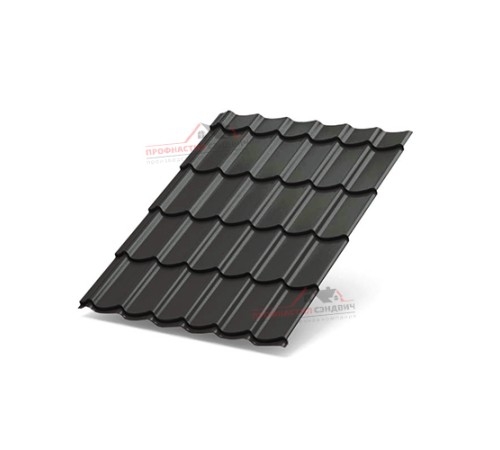 Металлочерепица Супермонтеррей-0.5, Высота ступеньки-21мм, Длина ступеньки-350мм, Viking E RAL8019