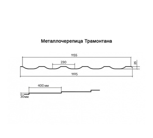 Металлочерепица Трамонтана-0.5, Высота ступеньки-30мм, Длина ступеньки-400мм, Norman RAL5005